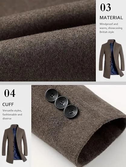 Lavnis Men's Wool Blend Trench Coat Slim Fit Overcoat Khaki 1.11 kg (2.45 lb) | Classic Winter Style for India thumbnail 7