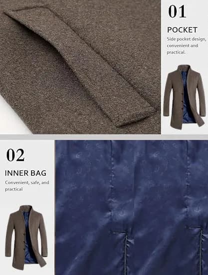 Lavnis Men's Wool Blend Trench Coat Slim Fit Overcoat Khaki 1.11 kg (2.45 lb) | Classic Winter Style for India thumbnail 4