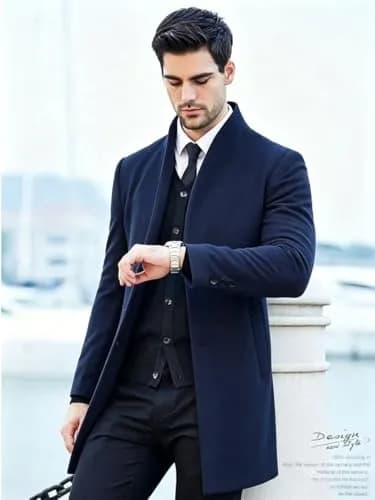 Lavnis Men's Wool Blend Trench Coat Slim Fit Overcoat Navy-2 XL | Classic Style for Indian Winters thumbnail 2
