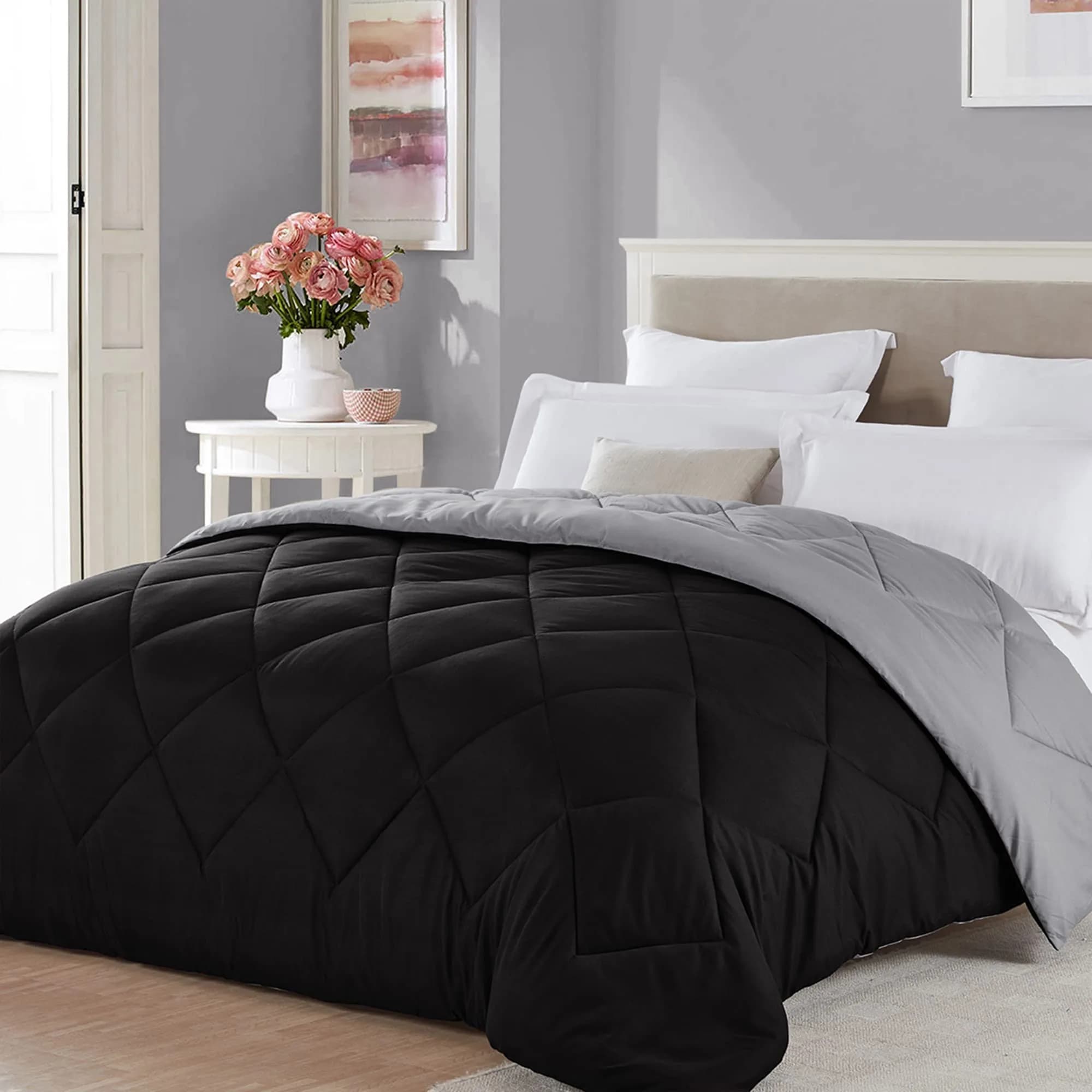 Seward Park Full Queen Size Reversible Comforter Black Grey | All Season Bedding — Black/Grey