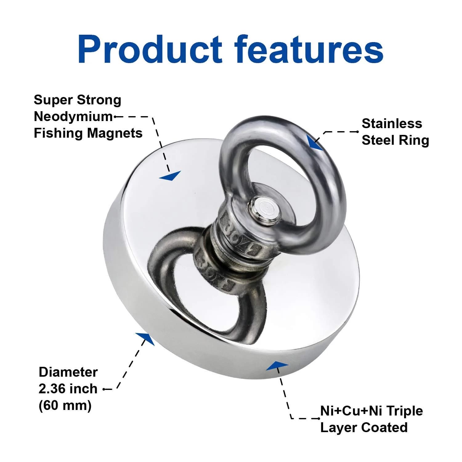 DIYMAG Super Strong Neodymium Fishing Magnet 60mm (2.36 Inch) 227kg (500 LBS) Pulling Force with Countersunk Hole | Industrial Lifting Magnet - view 3