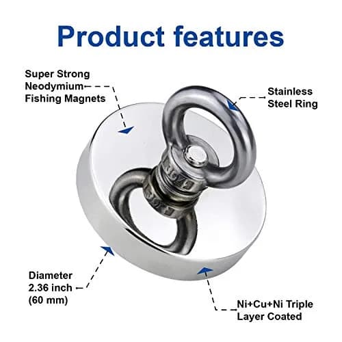 DIYMAG Super Strong Neodymium Fishing Magnet 60mm (2.36 Inch) 227kg (500 LBS) Pulling Force with Countersunk Hole | Industrial Lifting Magnet thumbnail 3
