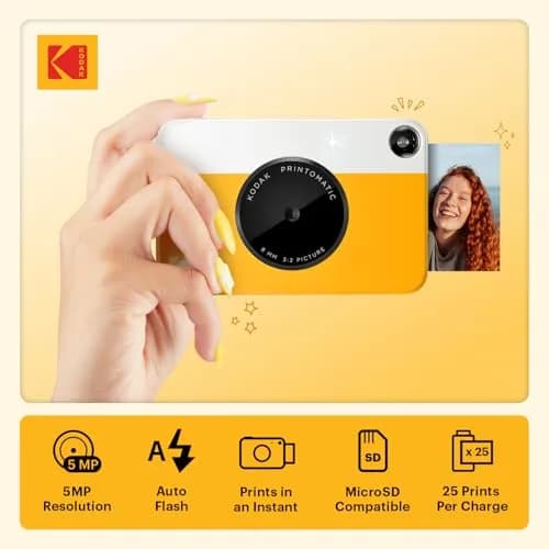 KODAK Printomatic Instant Print Camera Yellow 5MP | Instant Prints with Zink Sticky-Back Paper thumbnail 2