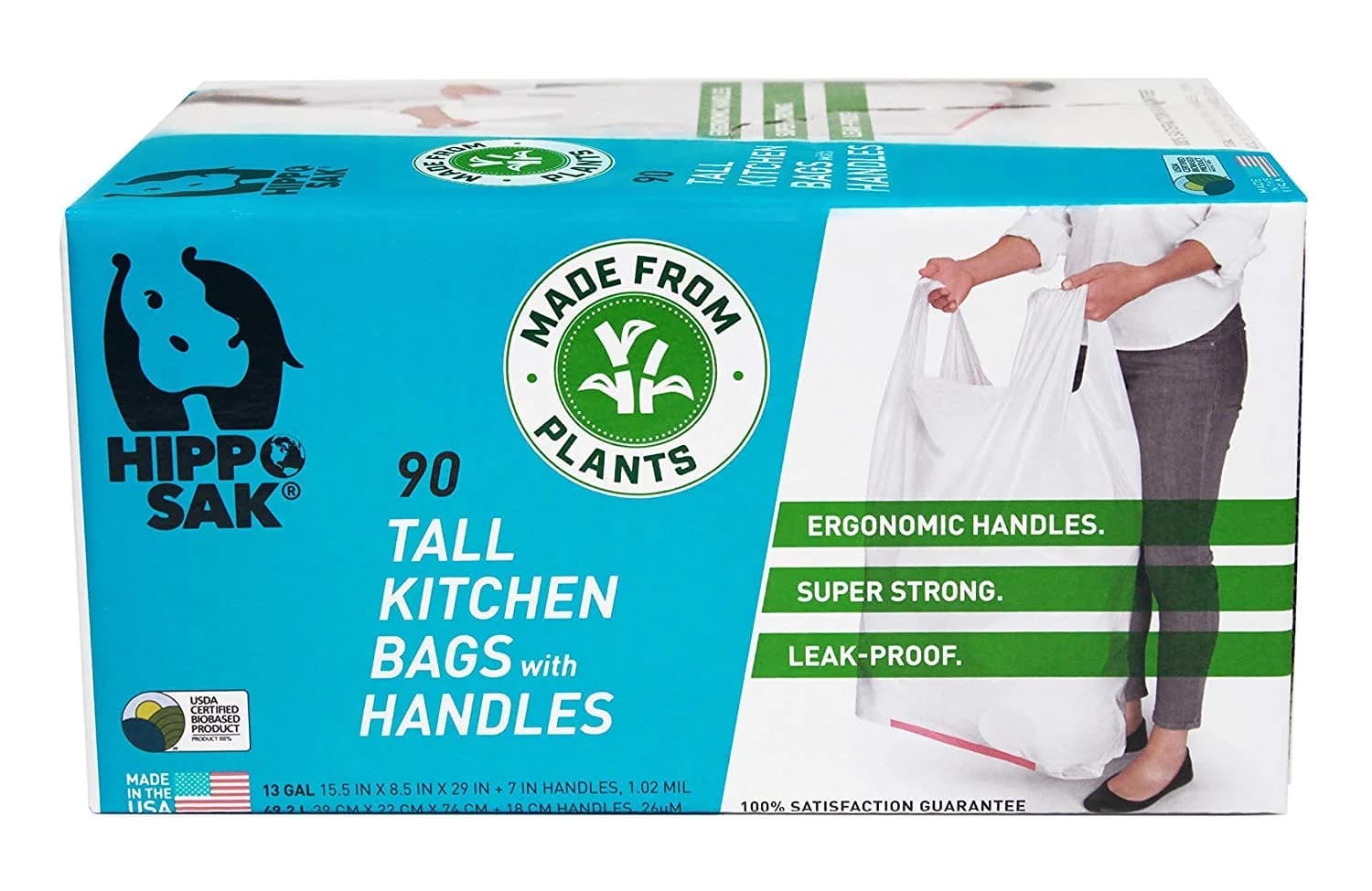 Hippo Sak 13 Gallon Tall Kitchen Trash Bags | Plant Based Leak Proof Handles