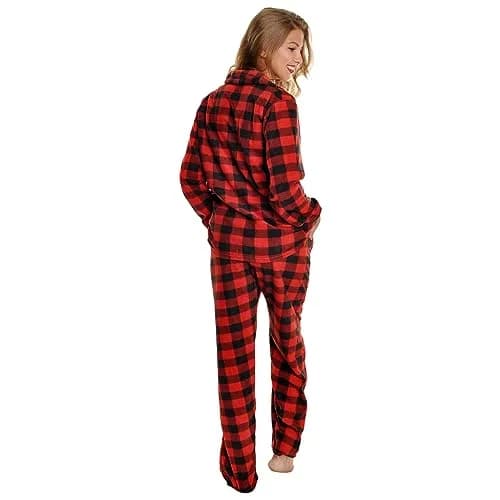 Angelina Women's Pajama Set Cozy Fleece with Notch Collar and Pockets | PJ56_L | Black & Red Plaid thumbnail 2