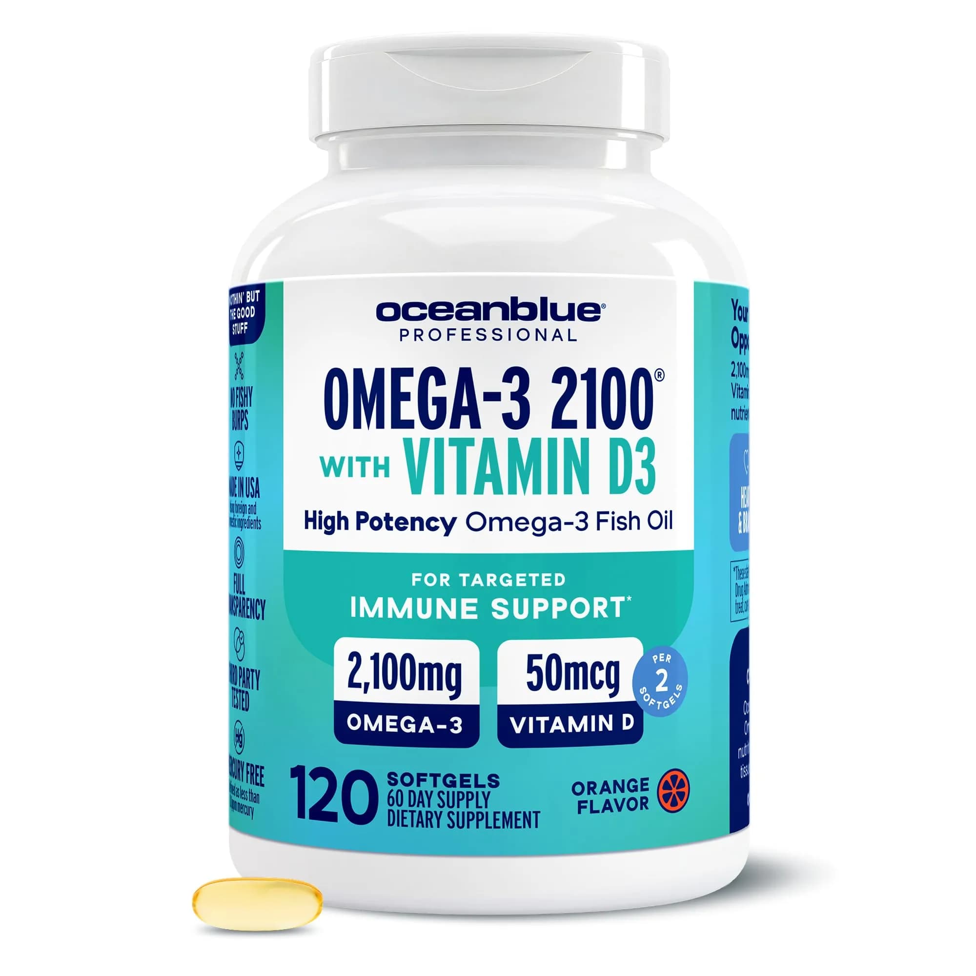 Oceanblue Omega-3 with Vitamin D3 120 Softgels | Triple Strength Fish Oil + Vitamin D3 Support — No Color