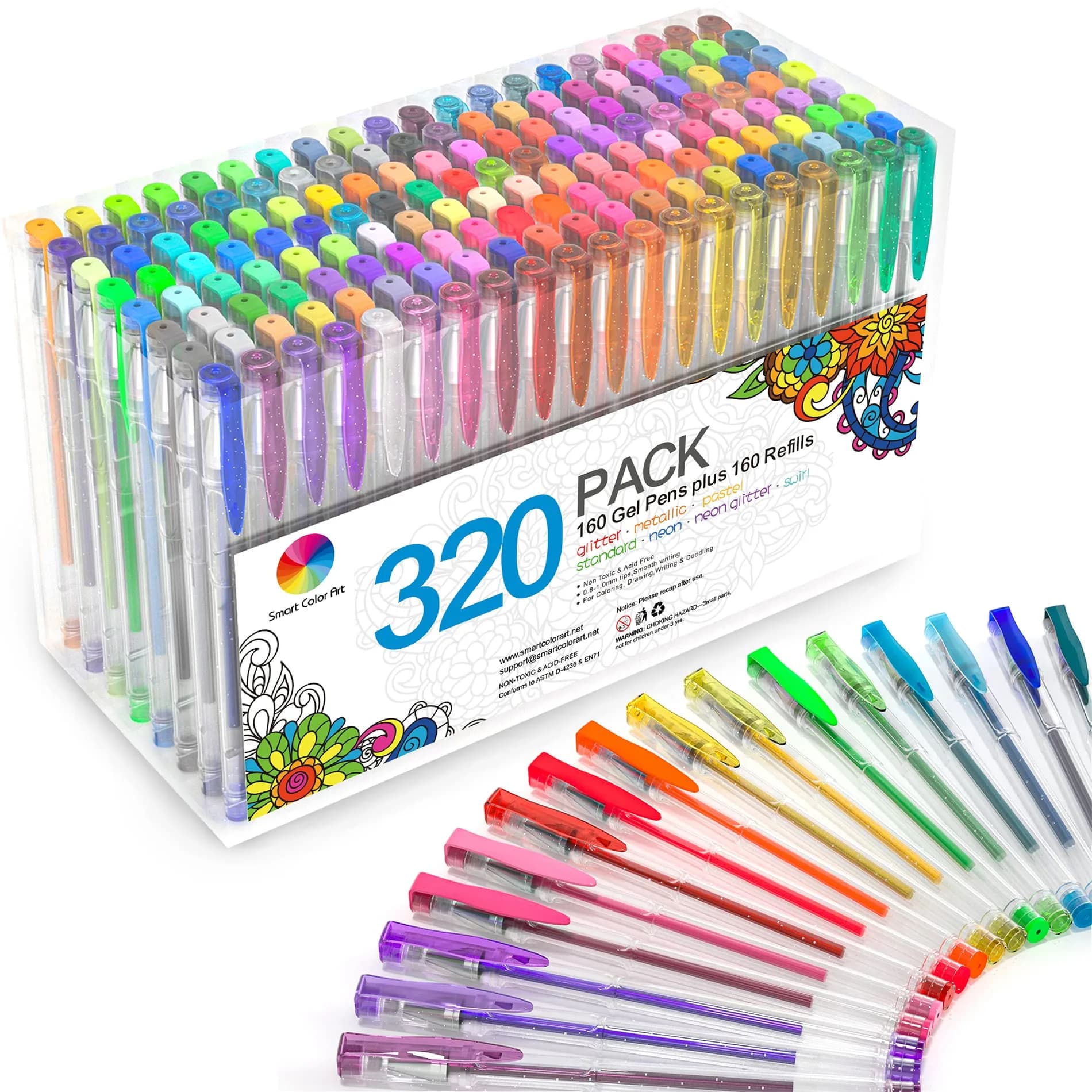 Smart Color Art Gel Pens Set 320 Pack | 160 Colors, 160 Refills, Smooth Ink, Vibrant Rainbow for Adult Coloring