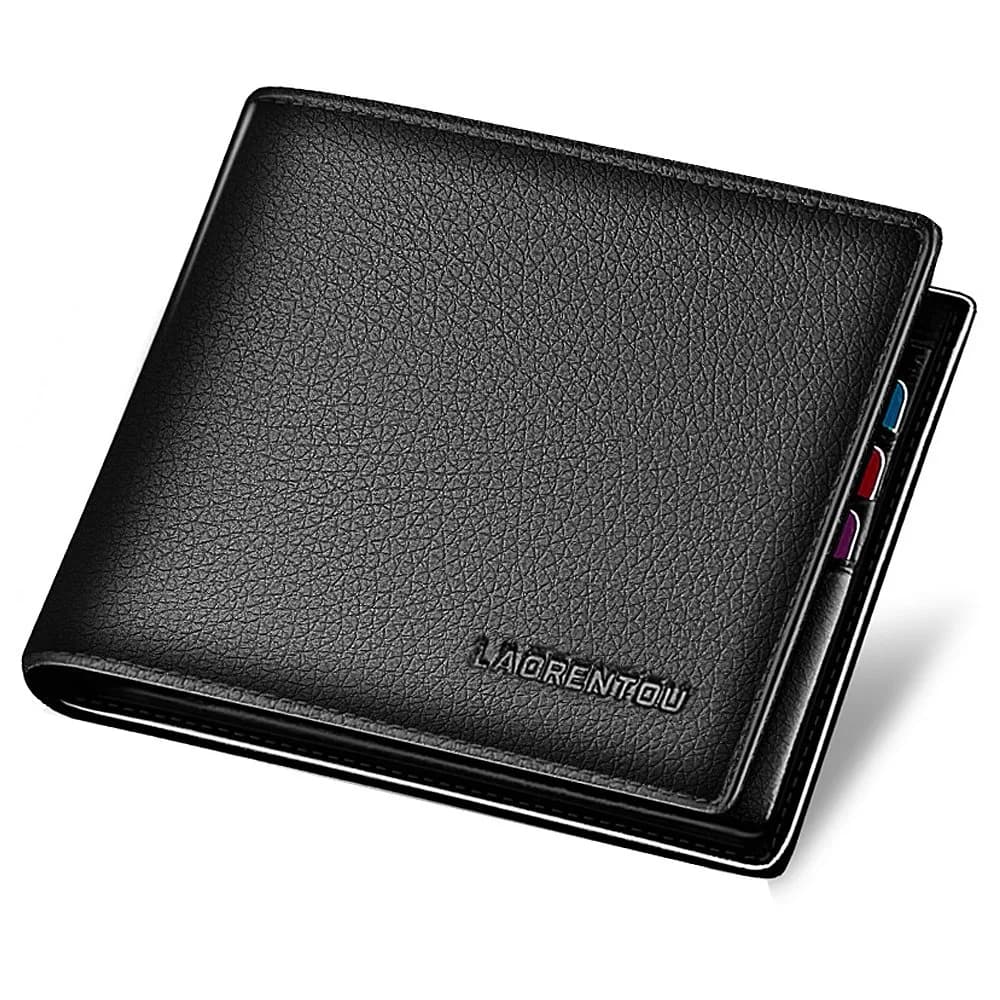 LAORENTOU Men's Genuine Leather Bifold Wallet with Zipper Coin Pocket & ID Window | Brown, 11cm x 9.5cm x 1cm (4.33" x 3.74" x 0.39") — 02 Black / One Size