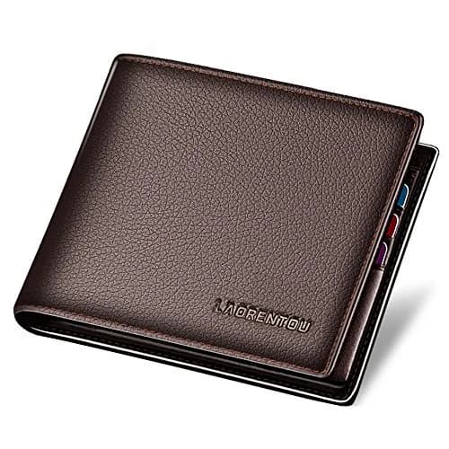 LAORENTOU Men's Genuine Leather Bifold Wallet with Zipper Coin Pocket & ID Window | Brown, 11cm x 9.5cm x 1cm (4.33" x 3.74" x 0.39") — Dark Brown