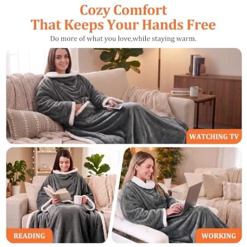 Catalonia Sherpa Wearable Blanket with Sleeves and Pocket | Cozy Adult Throw with Sleeves, 72" x 55" thumbnail 5