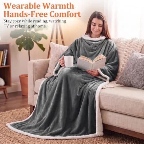 Catalonia Sherpa Wearable Blanket with Sleeves and Pocket | Cozy Adult Throw with Sleeves, 72" x 55" thumbnail 2