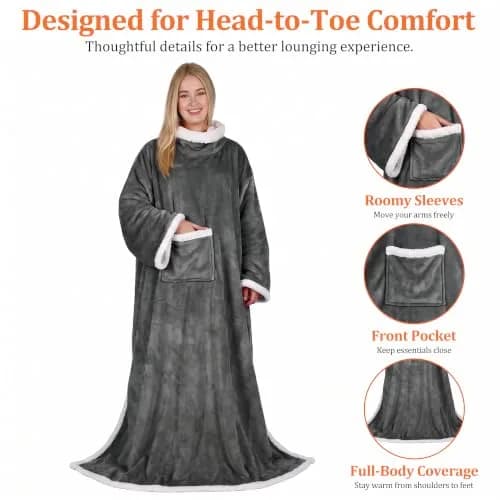 Catalonia Sherpa Wearable Blanket with Sleeves and Pocket | Cozy Adult Throw with Sleeves, 72" x 55" thumbnail 3