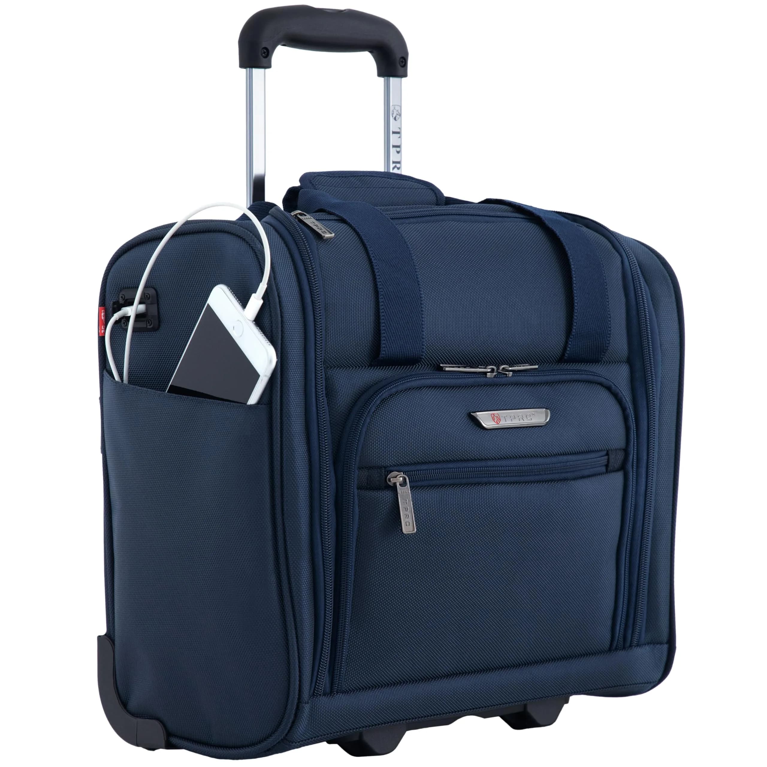 TPRC 15" Smart Underseat Carry-On Luggage with USB Charging Port, Navy Blue | Compact Airline-Approved Travel Bag