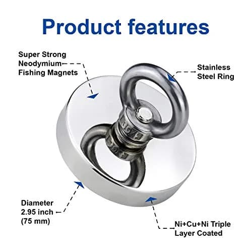 DIYMAG Fishing Magnet with Countersunk Hole 75mm (2.95") 650 LBS Pulling Force | Heavy Duty Neodymium Rare Earth Magnet for Lifting and Retrieval thumbnail 5