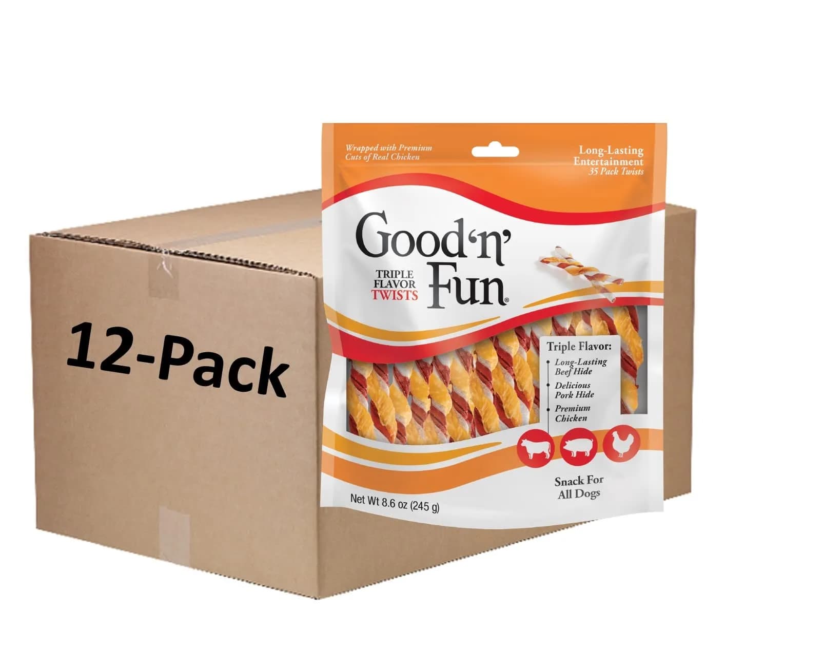 GOOD 'N' FUN Twists Long-Lasting Dog Treats 8.6 oz (12 Pack) | Triple Flavor Chews for Dental Health