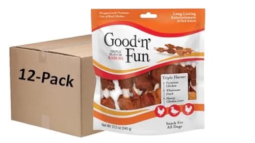 GOOD 'N' FUN Triple Flavored Rawhide Kabobs for Dogs, 144 oz (4.08 kg) | Long-Lasting Protein Chews — 12 Ounce