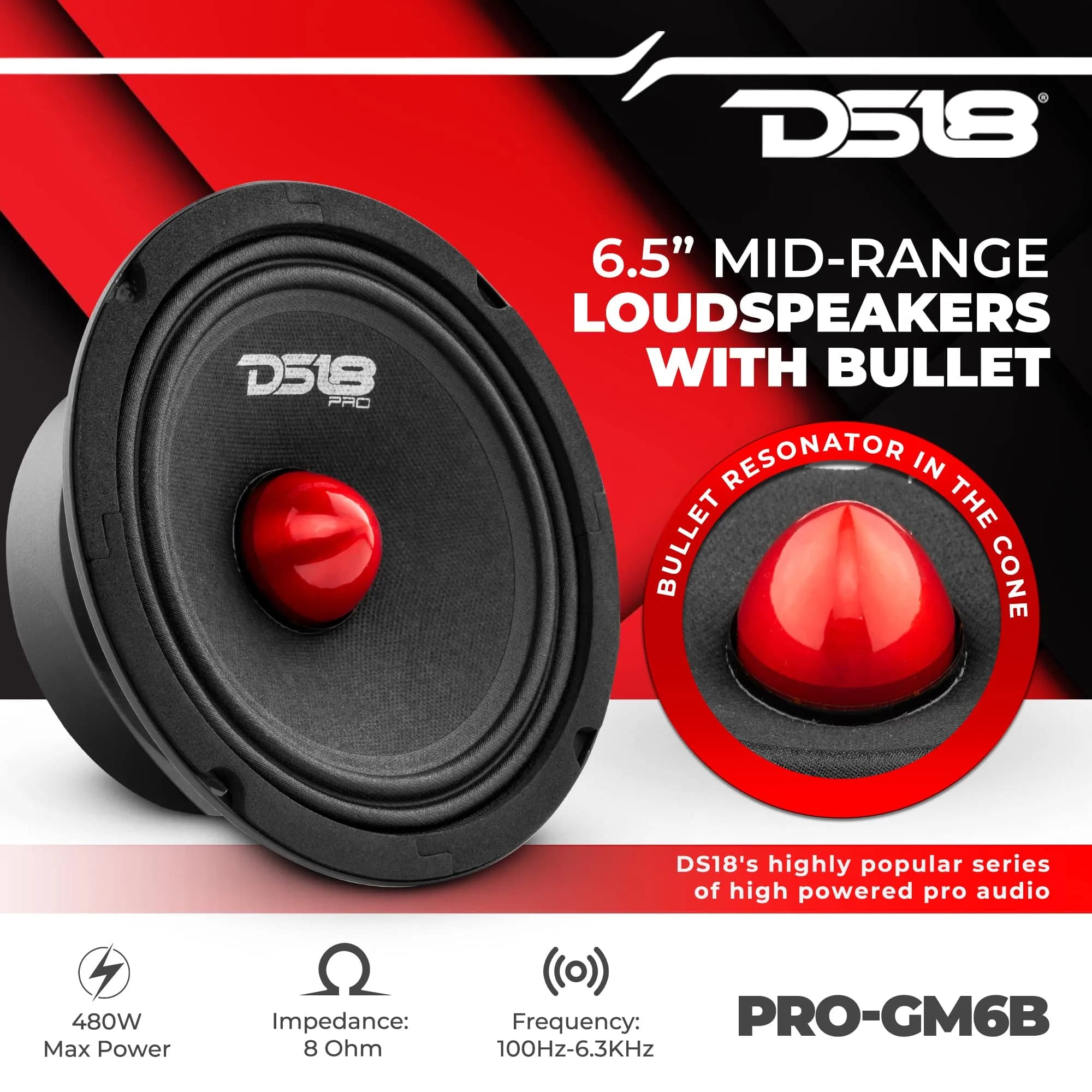 DS18 PRO-GM6B 6.5" Midrange Loudspeaker | 480W Max, 140W RMS, 8 Ohms, Red Aluminum Bullet thumbnail 2