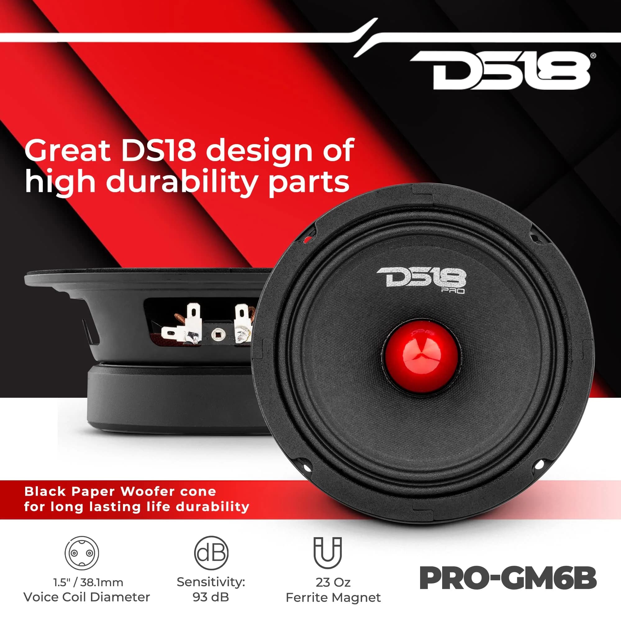 DS18 PRO-GM6B 6.5" Midrange Loudspeaker | 480W Max, 140W RMS, 8 Ohms, Red Aluminum Bullet thumbnail 3