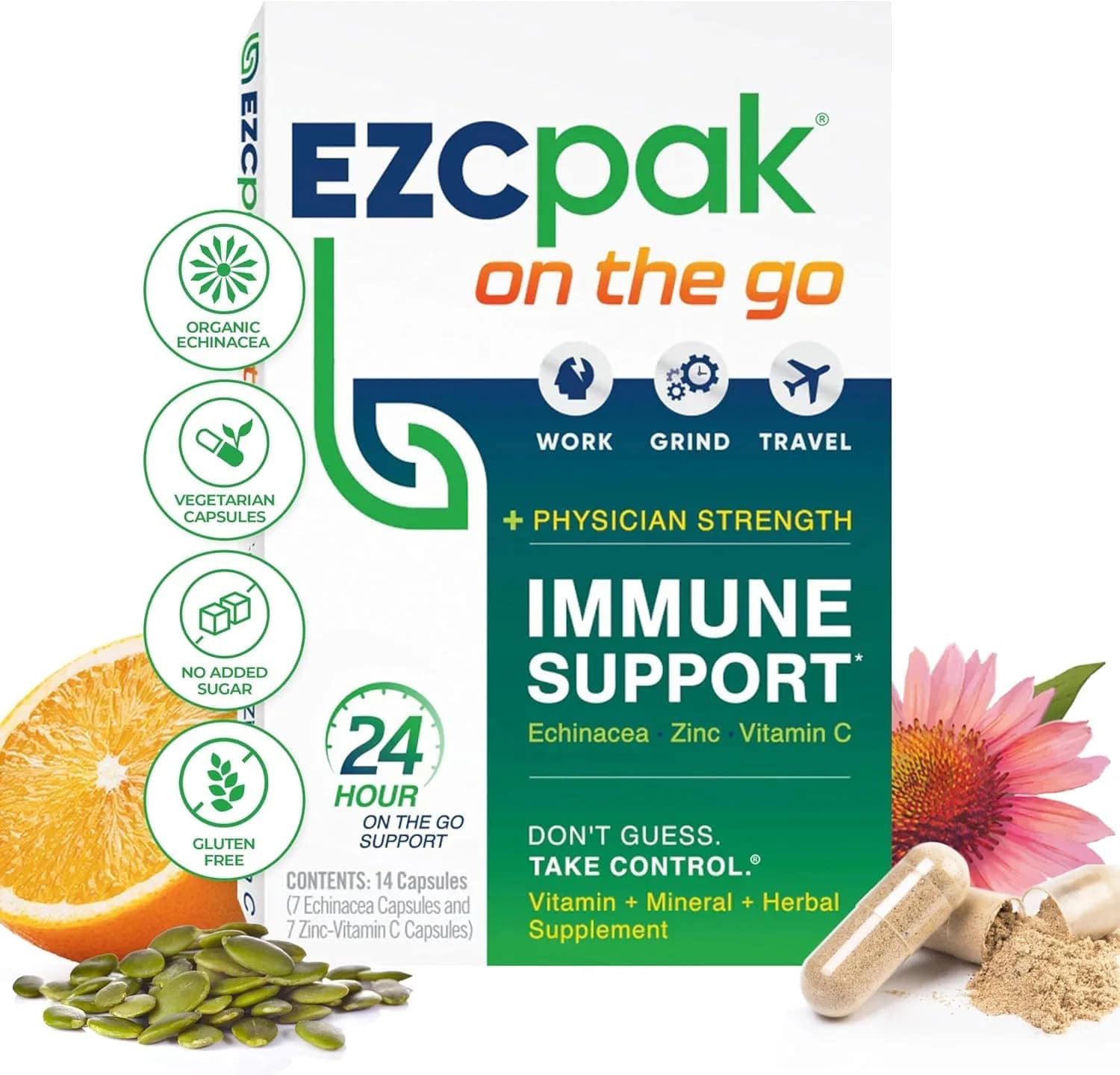 EZC Pak On The Go Immune System Booster with Echinacea, Vitamin C, Zinc | Travel-Friendly, Physician Formulated, Vegetarian — Capsule