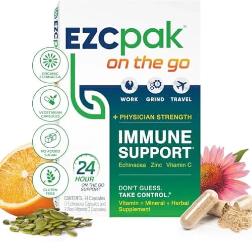 EZC Pak On The Go Immune System Booster with Echinacea, Vitamin C, Zinc | Travel-Friendly, Physician Formulated, Vegetarian thumbnail 1