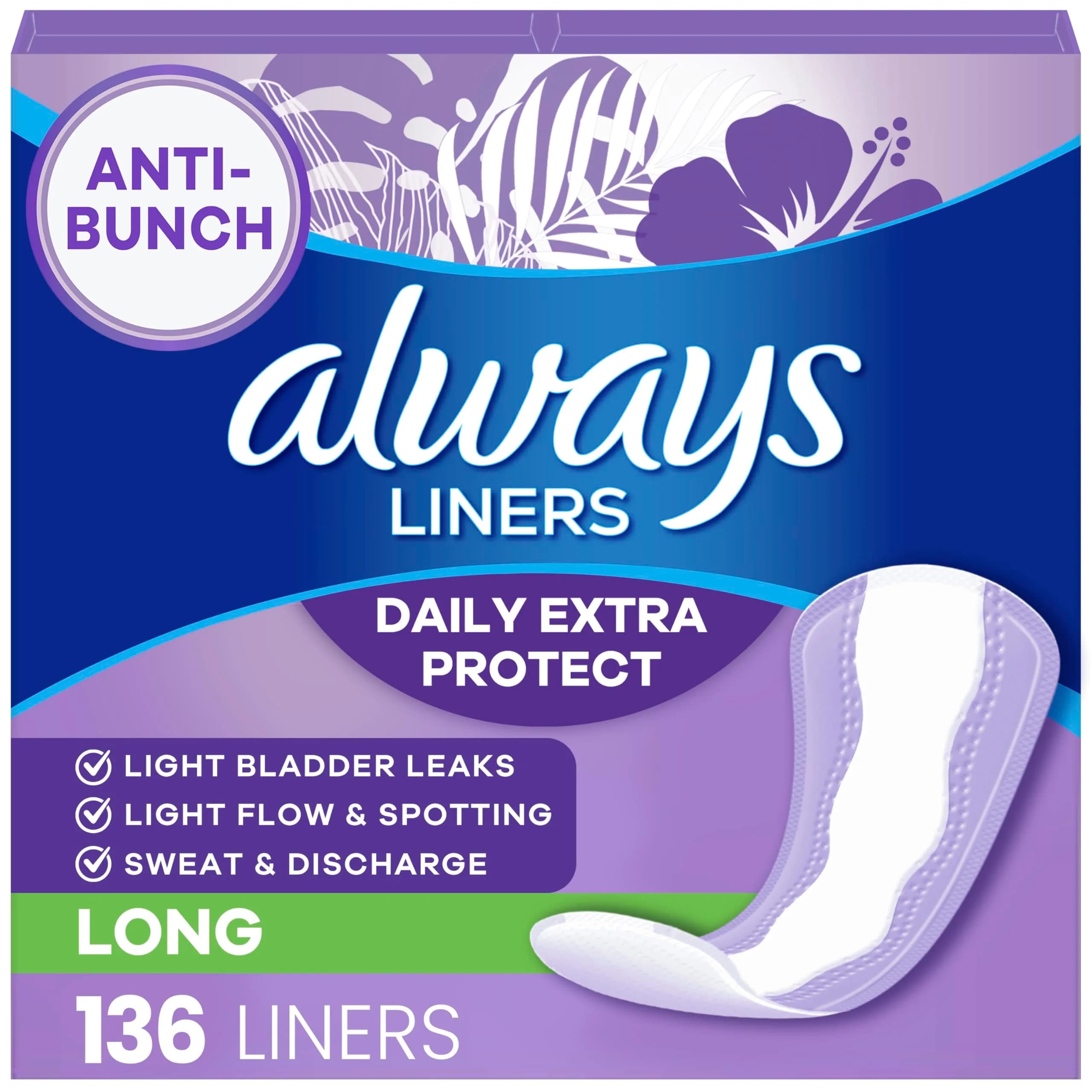 Always Panty Liners for Women Anti-Bunch Xtra Protection Daily Liners, Long, Unscented, 136 Count | Reliable Light Flow & Discharge