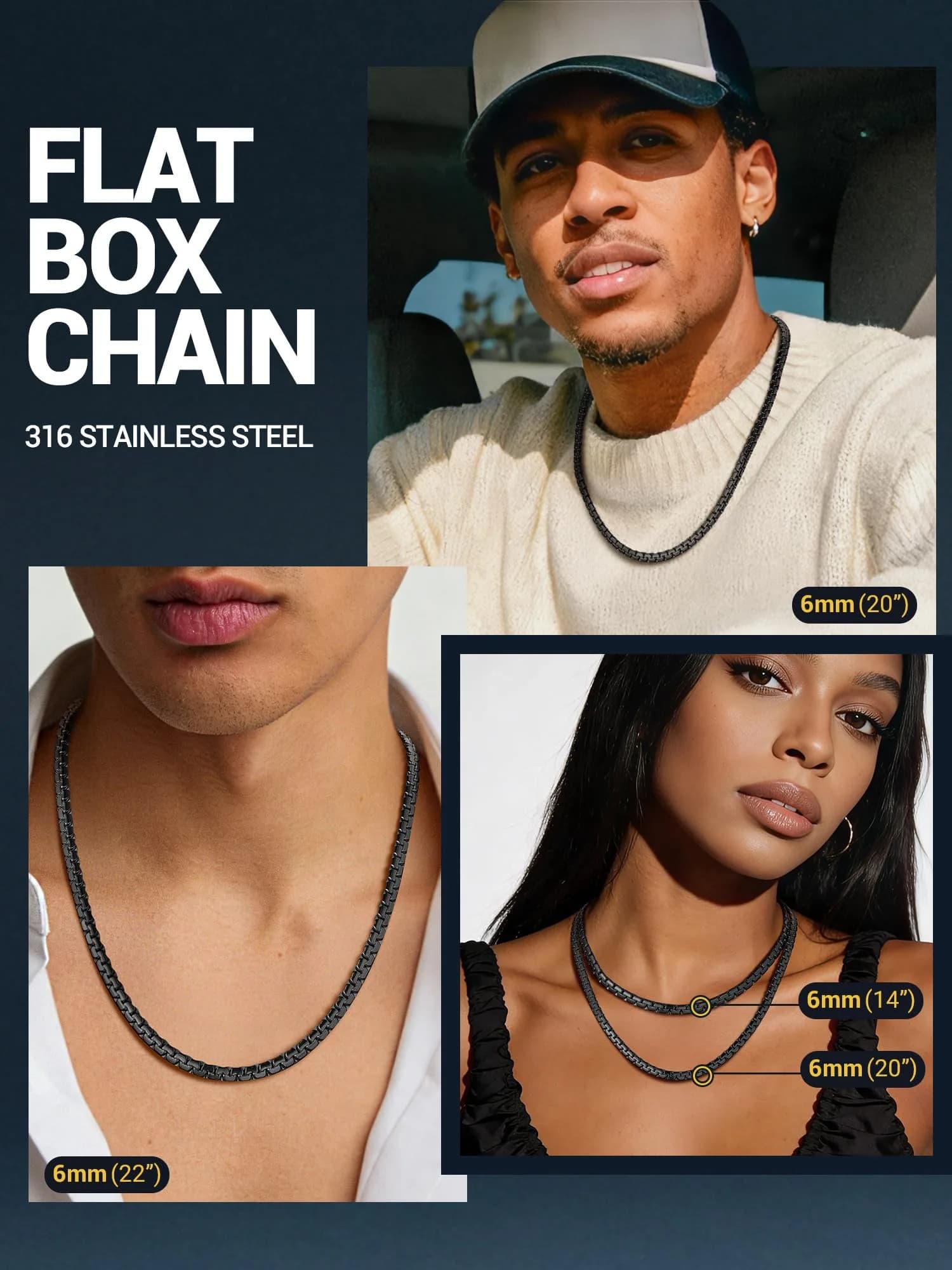 PROSTEEL Black Flat Link Chain Necklace 6mm Width, 66cm (26 Inch) | Minimalist Stainless Steel Jewelry for Men thumbnail 3