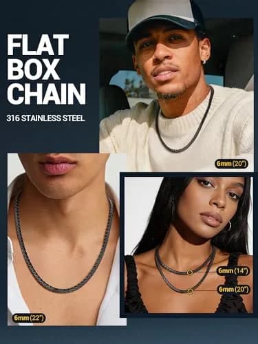 PROSTEEL Black Flat Link Chain Necklace 6mm Width, 66cm (26 Inch) | Minimalist Stainless Steel Jewelry for Men thumbnail 3