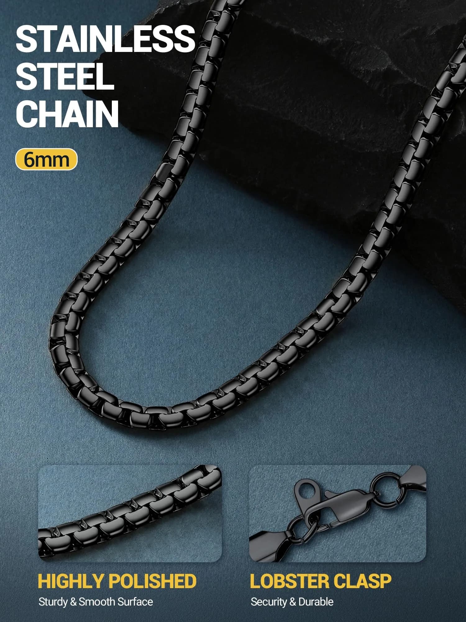 PROSTEEL Black Flat Link Chain Necklace 6mm Width, 66cm (26 Inch) | Minimalist Stainless Steel Jewelry for Men thumbnail 4