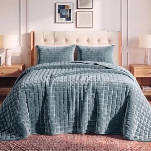Tribeca Living Luxury Velvet Quilt King Size Set - 260GSM Ultra-Soft Oversized Velvet Bedspread Comforter in Florence Haze Blue thumbnail 1