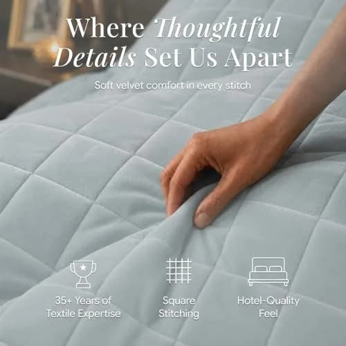 Tribeca Living Luxury Velvet Quilt King Size Set - 260GSM Ultra-Soft Oversized Velvet Bedspread Comforter in Florence Haze Blue thumbnail 5