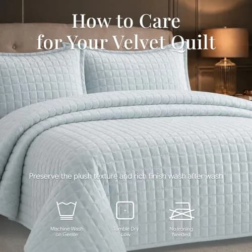 Tribeca Living Luxury Velvet Quilt King Size Set - 260GSM Ultra-Soft Oversized Velvet Bedspread Comforter in Florence Haze Blue thumbnail 7