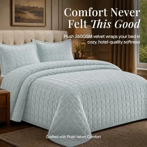 Tribeca Living Luxury Velvet Quilt King Size Set - 260GSM Ultra-Soft Oversized Velvet Bedspread Comforter in Florence Haze Blue thumbnail 2