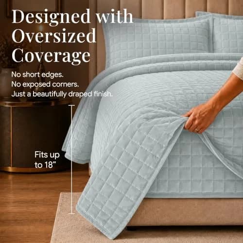 Tribeca Living Luxury Velvet Quilt King Size Set - 260GSM Ultra-Soft Oversized Velvet Bedspread Comforter in Florence Haze Blue thumbnail 3