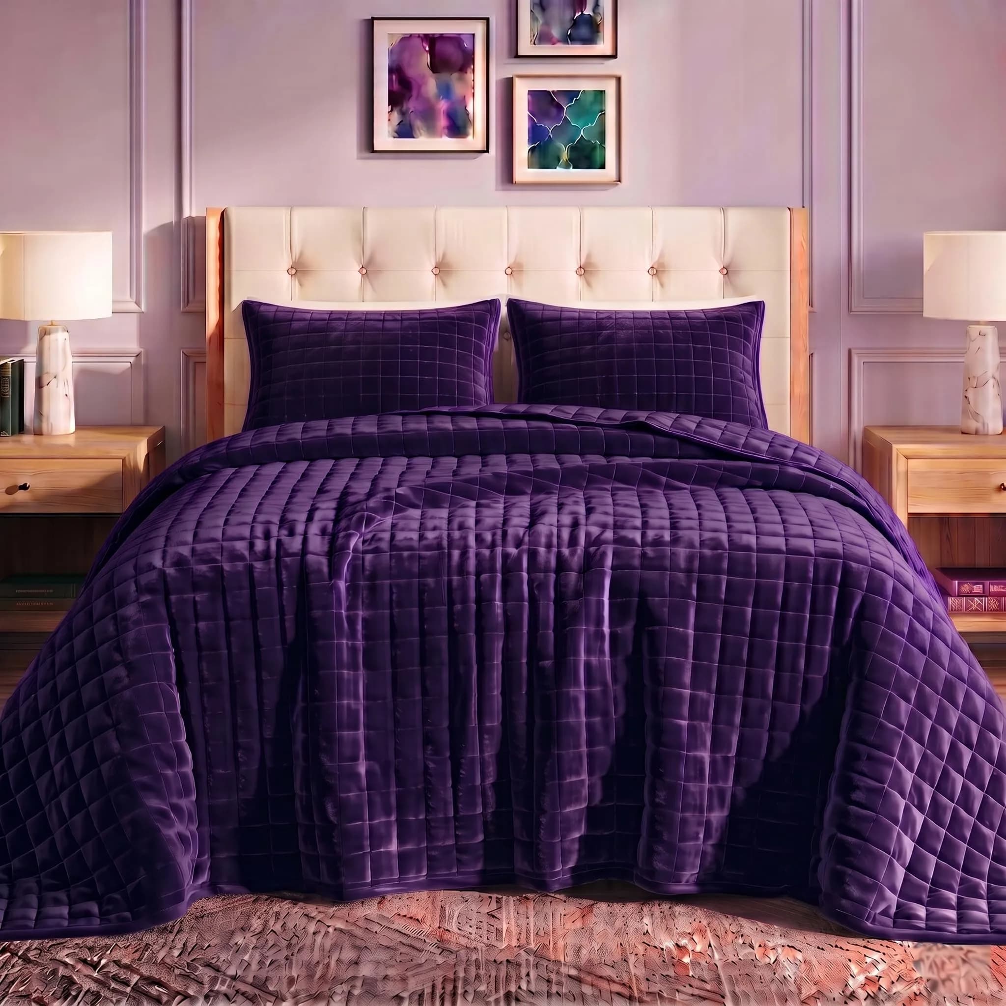 Tribeca Living Luxury Velvet Quilt King Size Set - 260GSM Ultra-Soft Oversized Velvet Bedspread Comforter in Florence Haze Blue — Purple / Twin