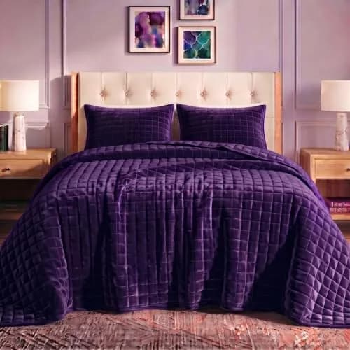 Tribeca Living Luxury Velvet Quilt Twin Size Set - 260GSM Ultra-Soft Oversized Bedspread in Florence Purple | Deep Matresses Perfect Fit thumbnail 1