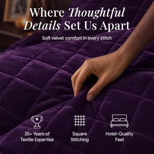 Tribeca Living Luxury Velvet Quilt Twin Size Set - 260GSM Ultra-Soft Oversized Bedspread in Florence Purple | Deep Matresses Perfect Fit thumbnail 5