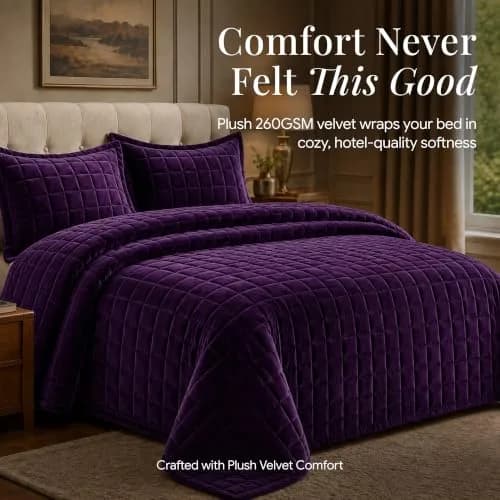 Tribeca Living Luxury Velvet Quilt Twin Size Set - 260GSM Ultra-Soft Oversized Bedspread in Florence Purple | Deep Matresses Perfect Fit thumbnail 2