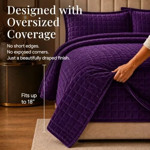 Tribeca Living Luxury Velvet Quilt Twin Size Set - 260GSM Ultra-Soft Oversized Bedspread in Florence Purple | Deep Matresses Perfect Fit thumbnail 3