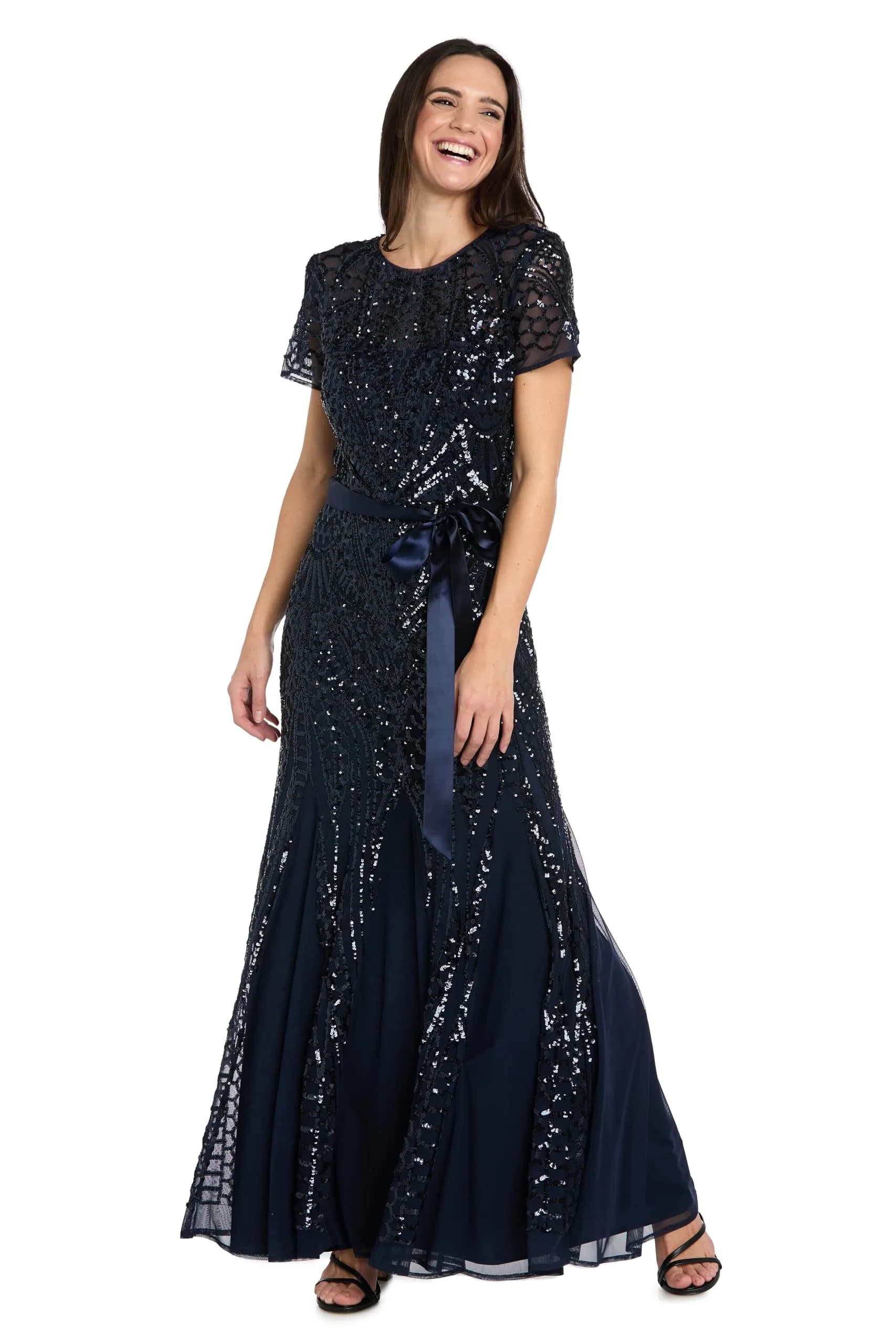 R&M Richards Women's Sequin Power Mesh Godet Dress with Short Sleeves Navy | Elegant Evening Wear