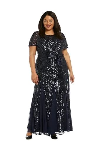 R&M Richards Women's Sequin Power Mesh Godet Dress with Short Sleeves Navy | Elegant Evening Wear thumbnail 4