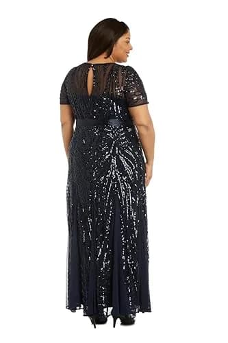 R&M Richards Women's Sequin Power Mesh Godet Dress with Short Sleeves Navy | Elegant Evening Wear thumbnail 5
