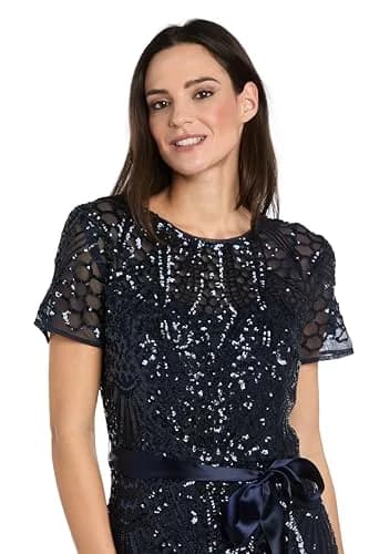 R&M Richards Women's Sequin Power Mesh Godet Dress with Short Sleeves Navy | Elegant Evening Wear thumbnail 2