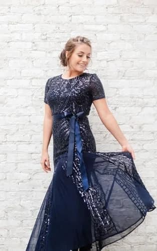 R&M Richards Women's Sequin Power Mesh Godet Dress with Short Sleeves Navy | Elegant Evening Wear thumbnail 3