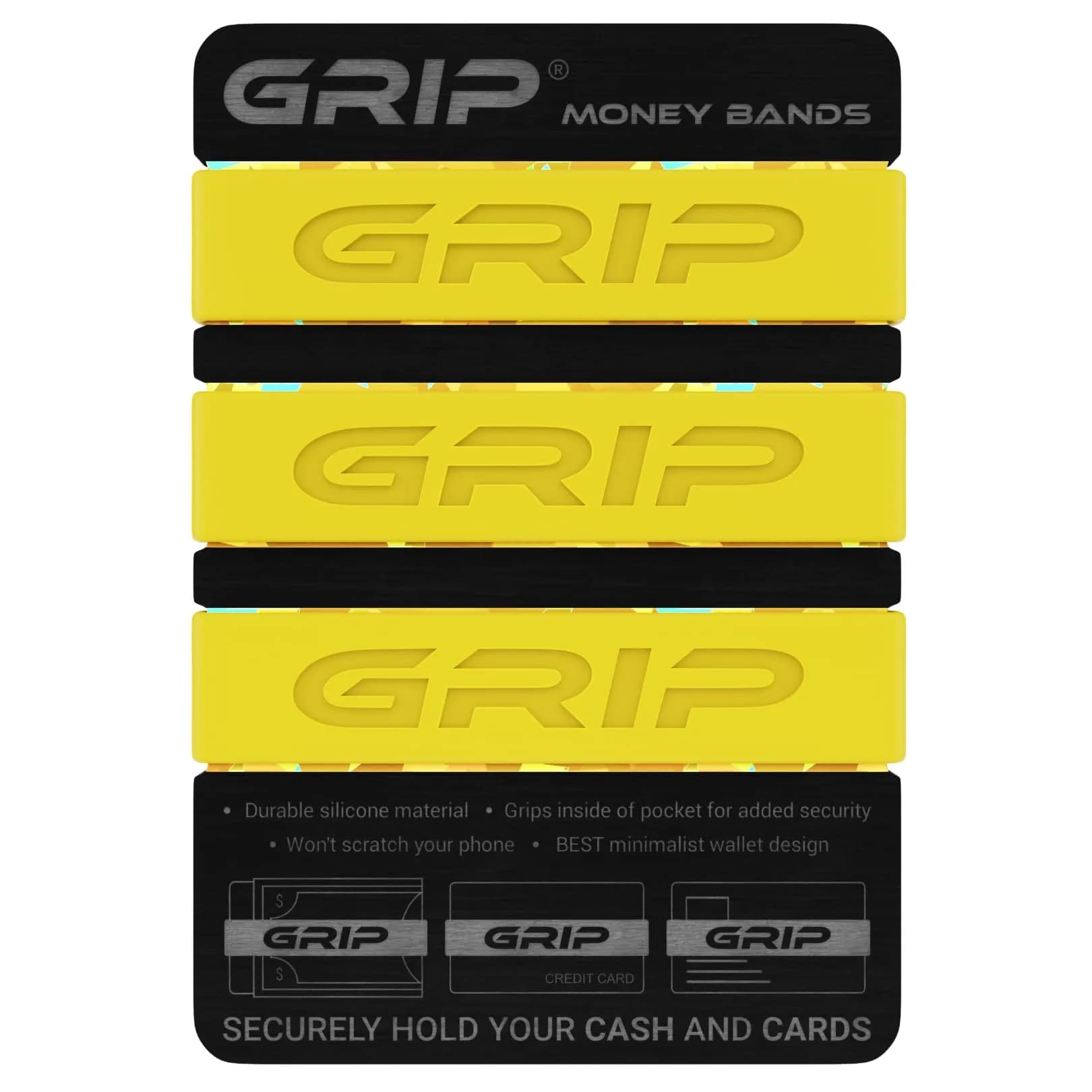 Grip Money Bands (Pack of 3) - Yellow | Secure Cash & Cards, Slim Silicone Design — Yellow