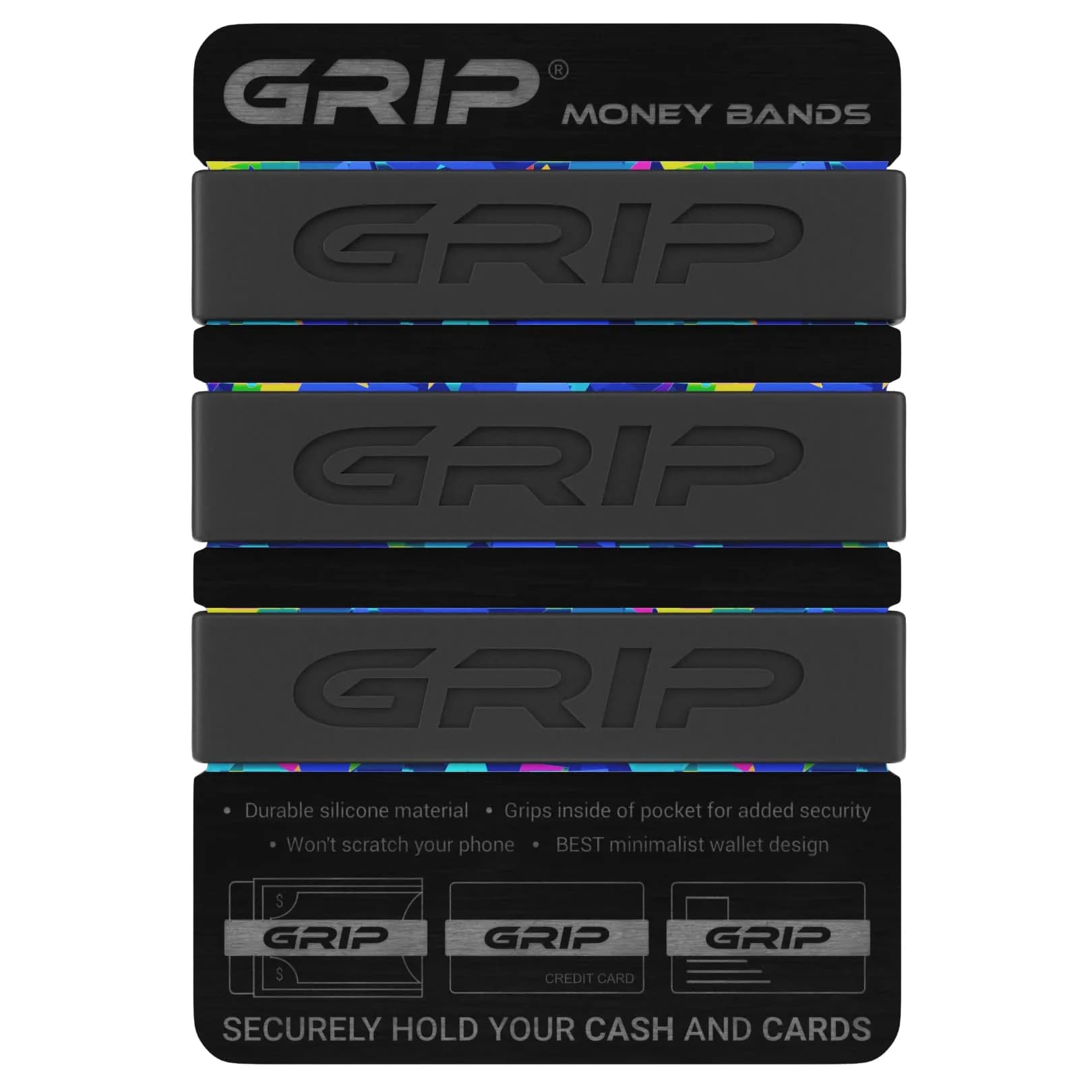Grip Money Bands (Pack of 3, Black) | Secure Cash & Cards, Slim Silicone Design — Black