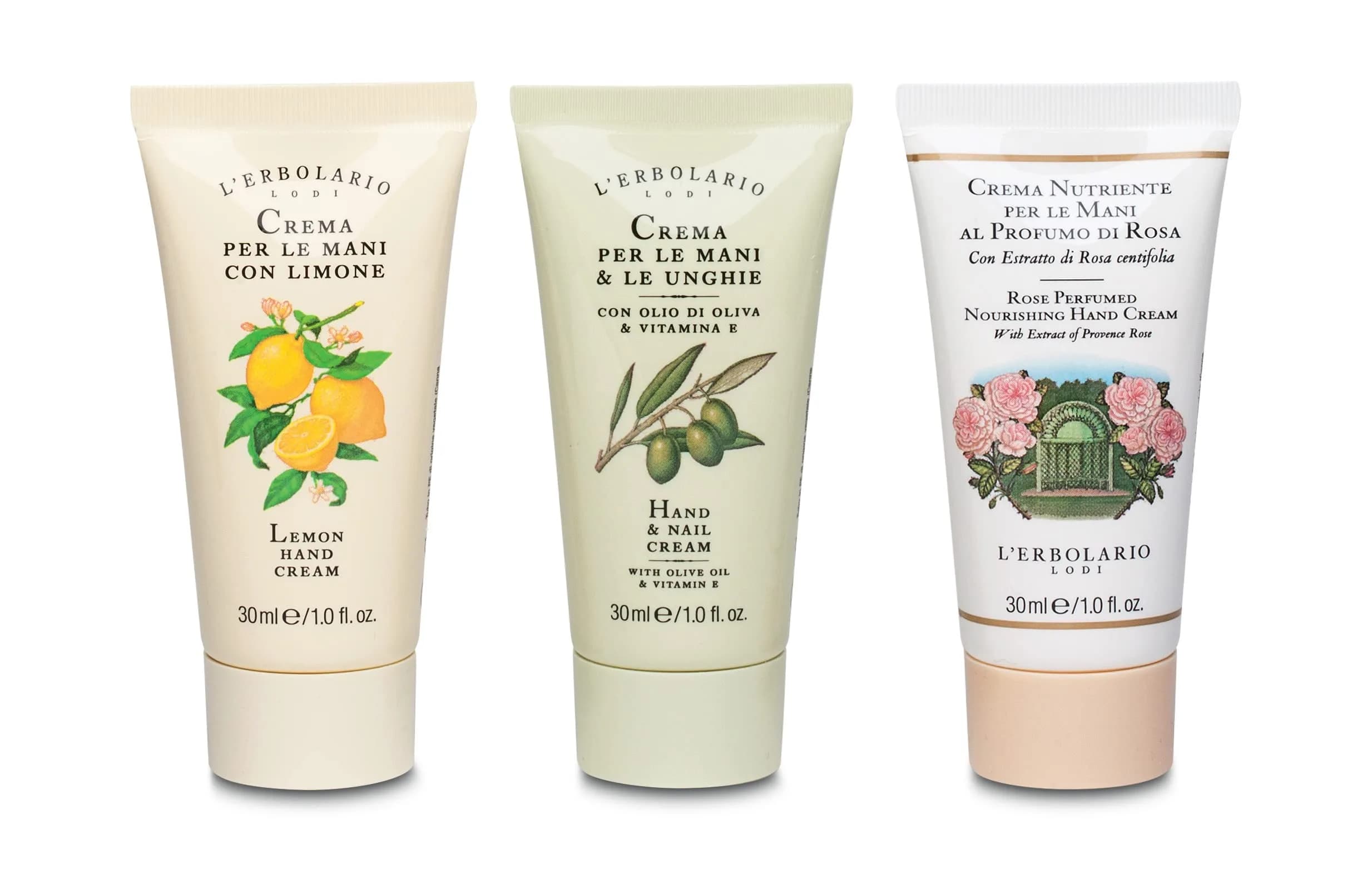 L'Erbolario Hand Cream Collection 3 Pc | Olive Oil, Lemon & Rose Moisturizers for Soft Hands — 1 Fl Oz