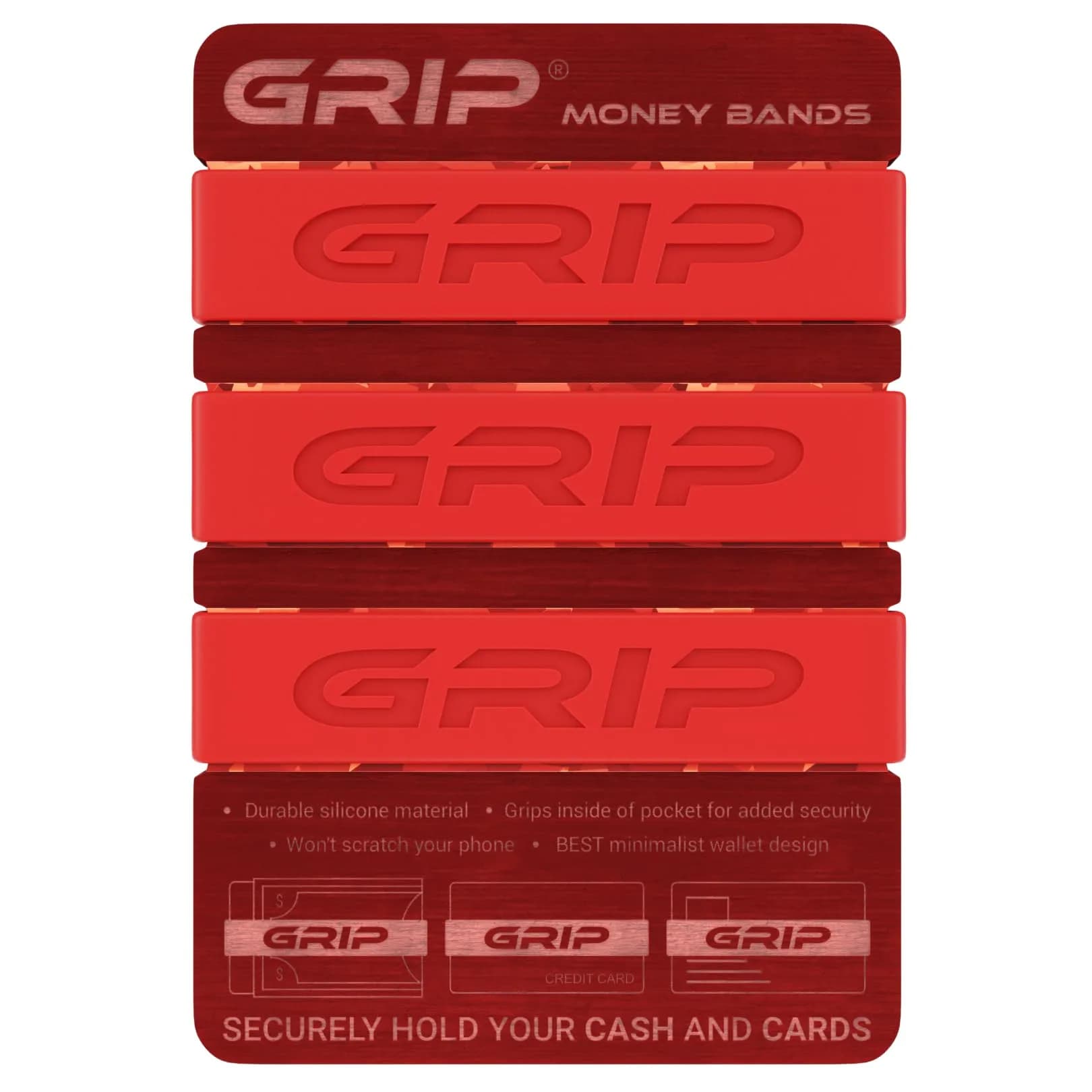 Grip Money Bands (Pack of 3) - Blood Red - Premium Silicone Band for Cash & Cards | Slim & Durable Design — Red
