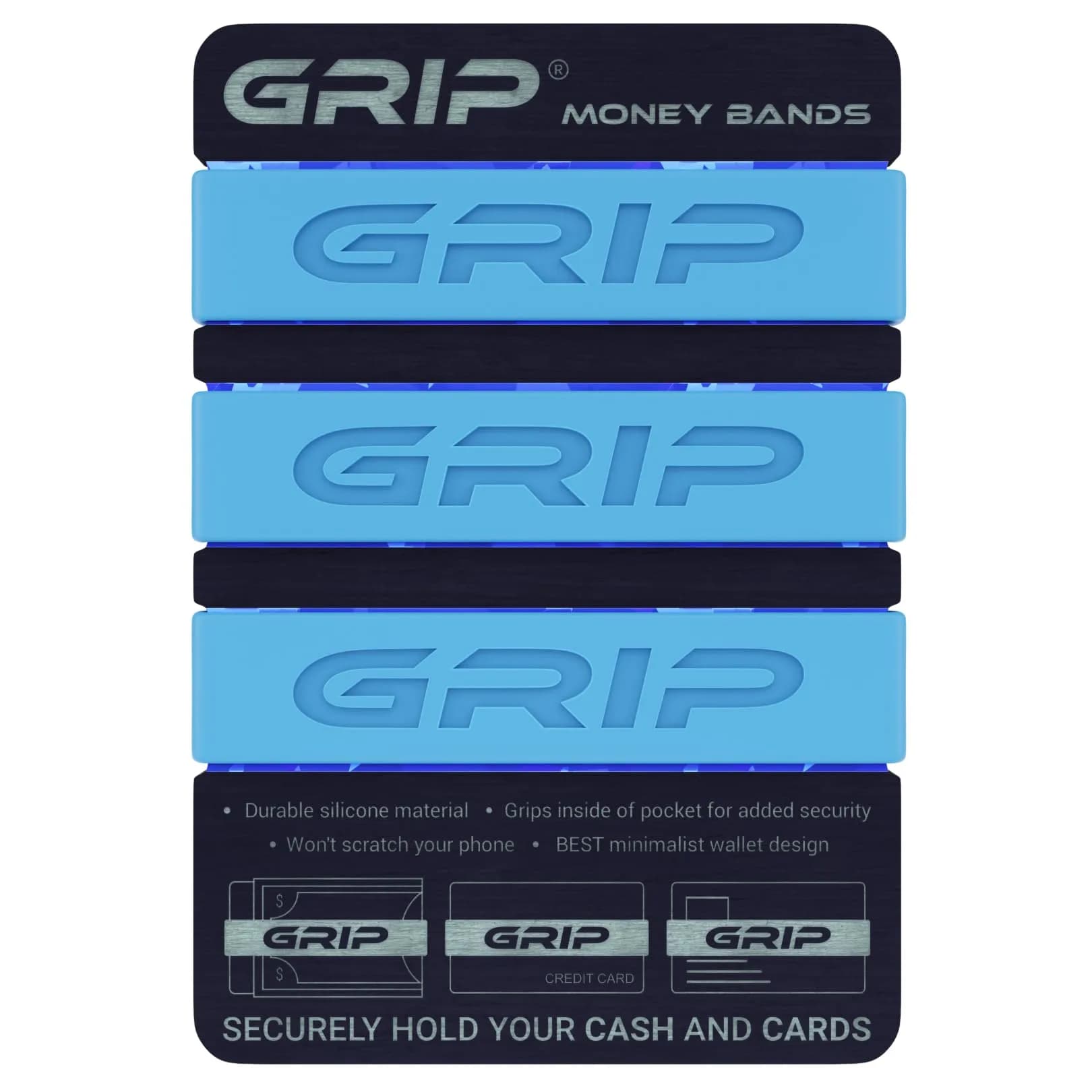 Grip Money Bands (Pack of 3) Light Blue | Secure Cash & Cards, Slim Silicone Design — Light Blue