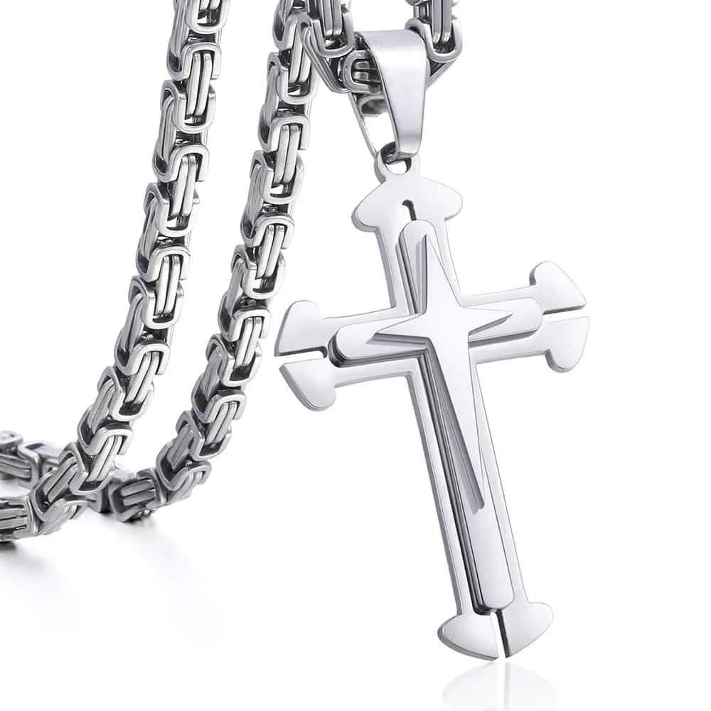 Trendsmax Men's Stainless Steel Cross Pendant Necklace with Byzantine Chain, 61cm (24 inch) — 24inch