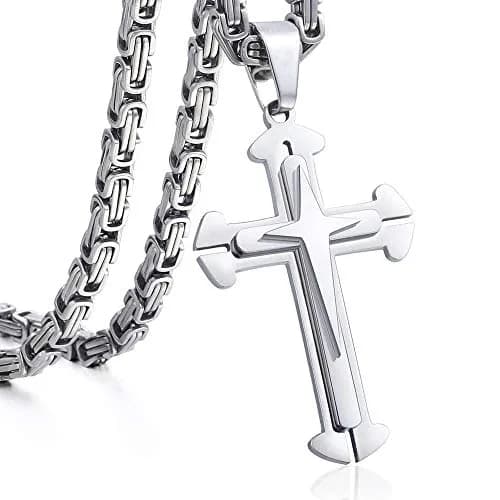 Trendsmax Men's Stainless Steel Cross Pendant Necklace with Byzantine Chain, 61cm (24 inch) thumbnail 1